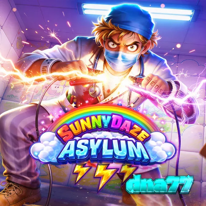 Tampilan visual slot Sunnydaze Asylum dengan tema fasilitas psikiatri yang unik